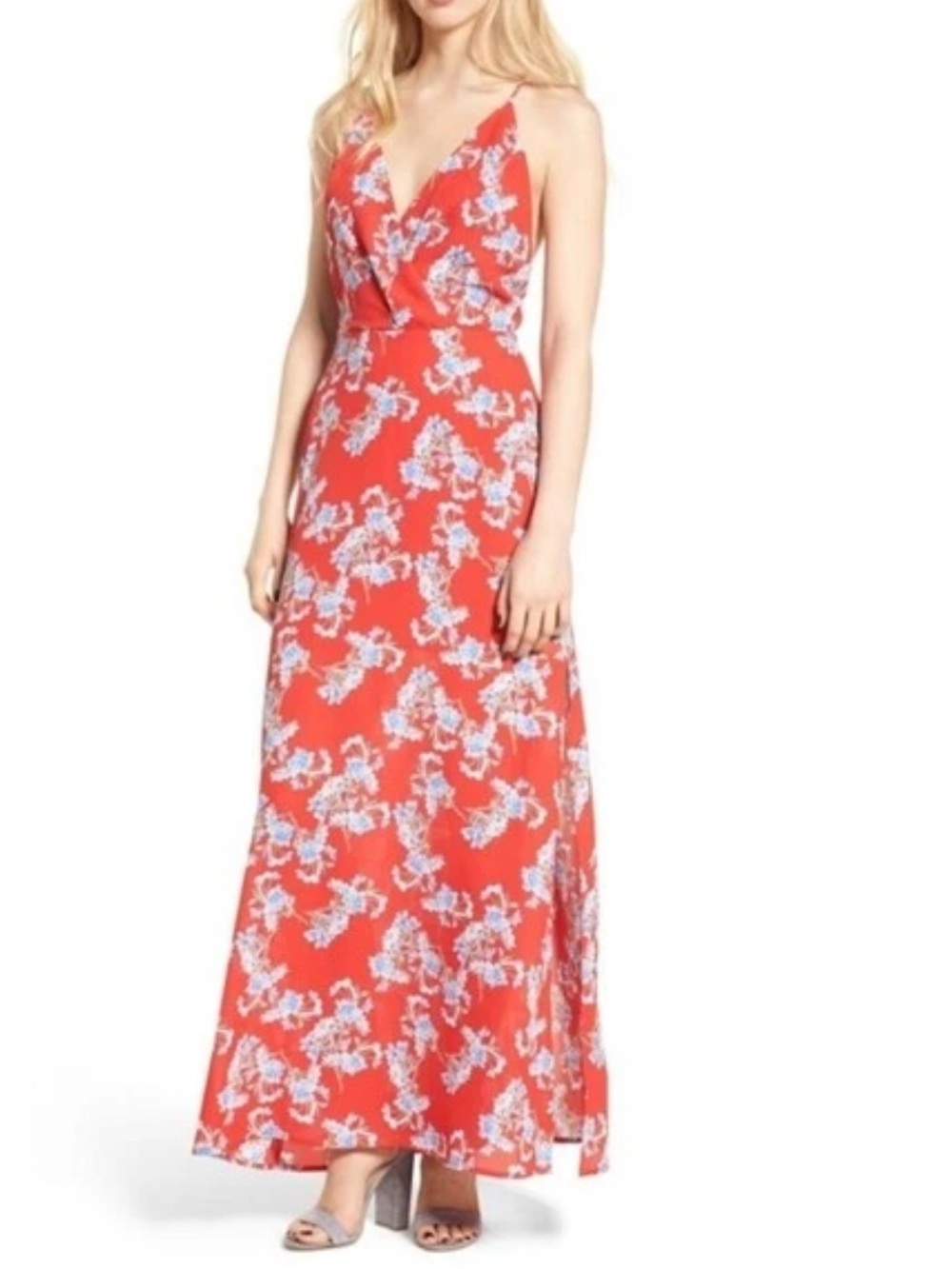Lush Red Floral Maxi dress  with Blue Accent Flowers size XS in excellent condit - Picture 2 of 16